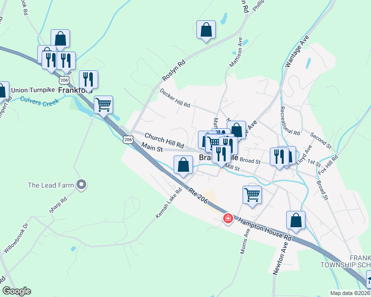 map of restaurants, bars, coffee shops, grocery stores, and more near 31 Main Street in Branchville