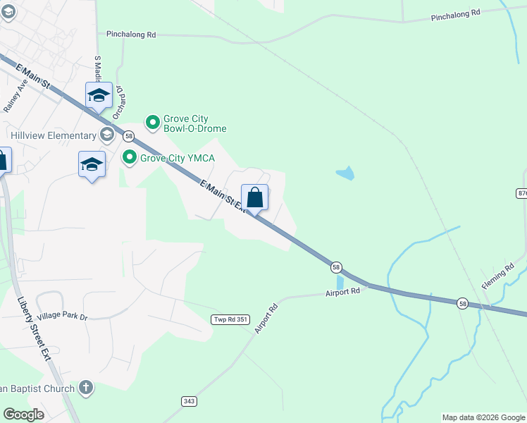 map of restaurants, bars, coffee shops, grocery stores, and more near 632 East Main Street Extension in Grove City