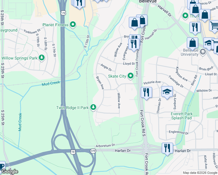 map of restaurants, bars, coffee shops, grocery stores, and more near 2811 Victoria Avenue in Bellevue
