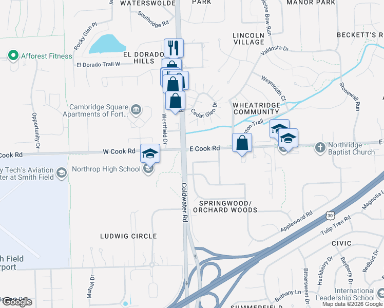 map of restaurants, bars, coffee shops, grocery stores, and more near 420 Grapevine Lane in Fort Wayne