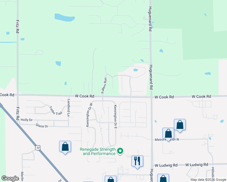 map of restaurants, bars, coffee shops, grocery stores, and more near 7322 Kensington Drive East in Fort Wayne