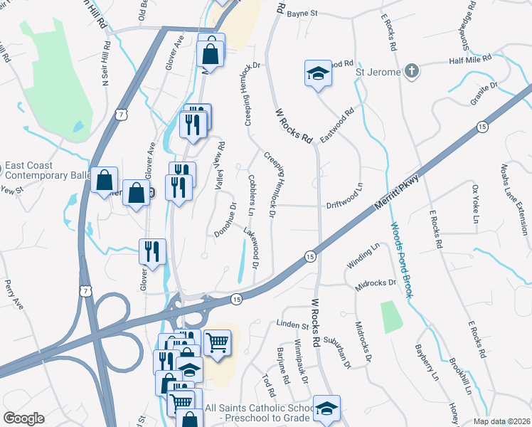 map of restaurants, bars, coffee shops, grocery stores, and more near 54 Creeping Hemlock Drive in Norwalk