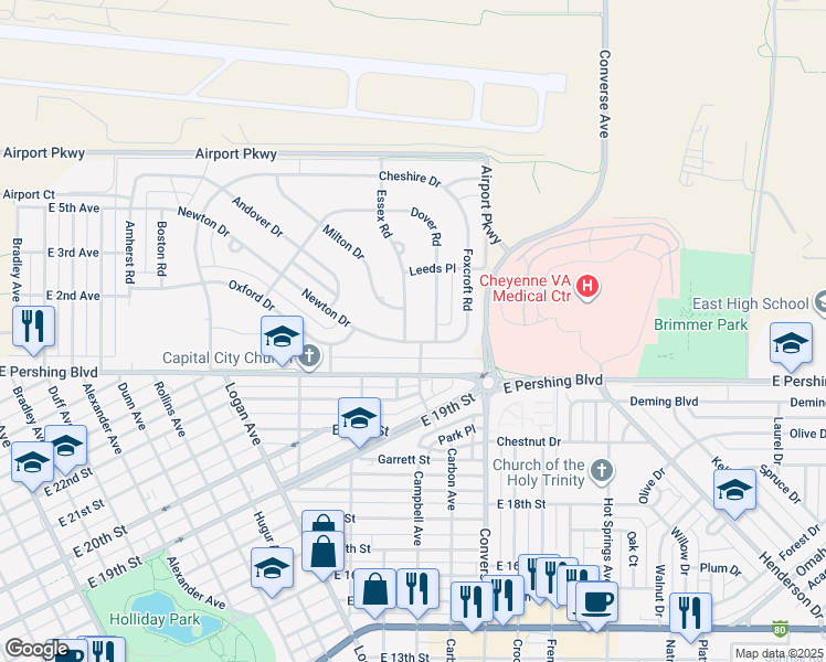 map of restaurants, bars, coffee shops, grocery stores, and more near 1973 Newton Drive in Cheyenne