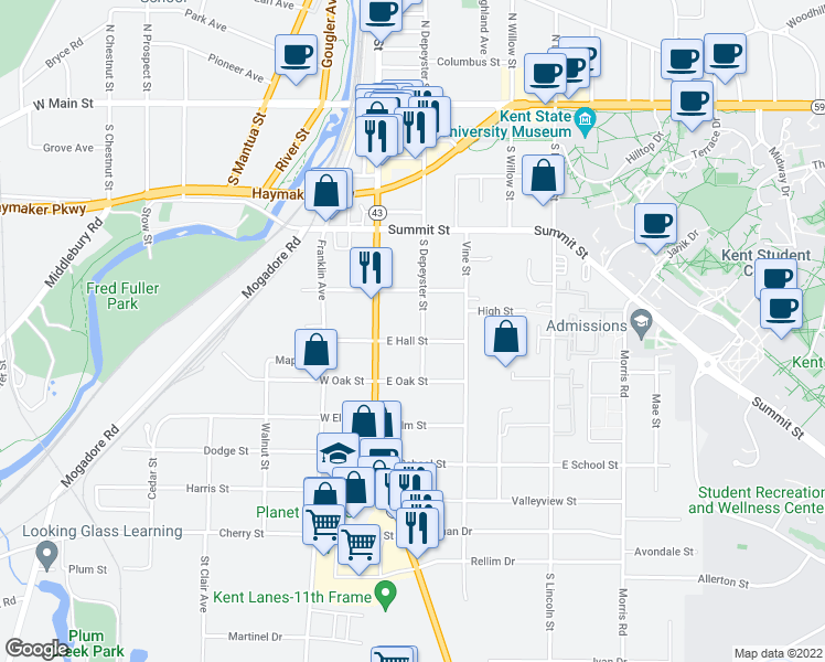 map of restaurants, bars, coffee shops, grocery stores, and more near 128 East Hall Street in Kent