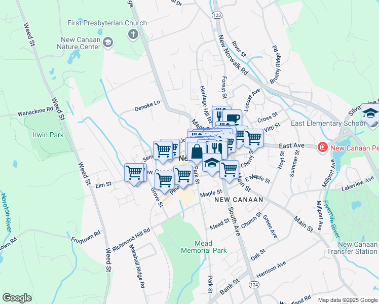 map of restaurants, bars, coffee shops, grocery stores, and more near 63 Park Street in New Canaan