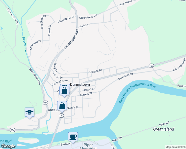 map of restaurants, bars, coffee shops, grocery stores, and more near 216 Woodward Ave in Lock Haven
