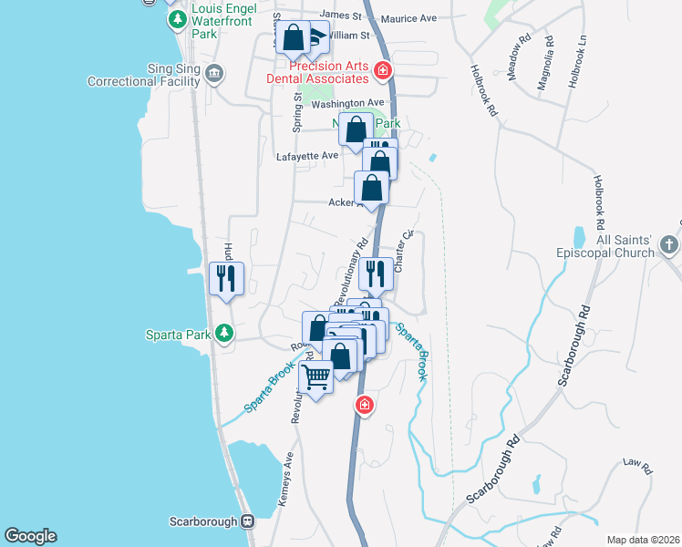 map of restaurants, bars, coffee shops, grocery stores, and more near 41 Revolutionary Road in Ossining
