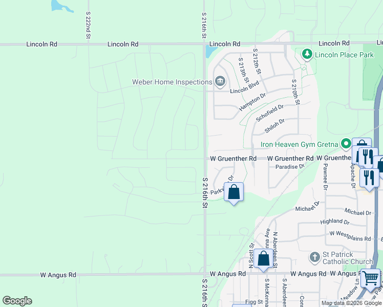 map of restaurants, bars, coffee shops, grocery stores, and more near 21703 McClellan Drive in Gretna