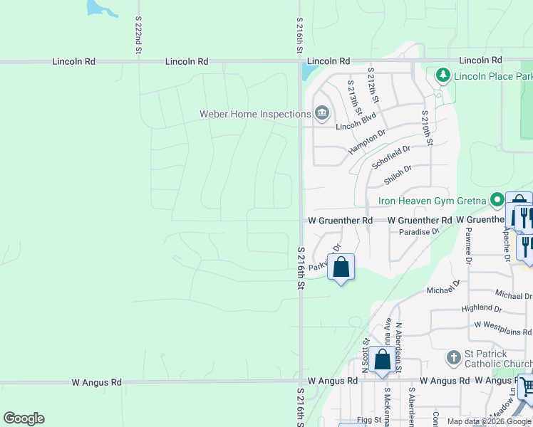 map of restaurants, bars, coffee shops, grocery stores, and more near 21703 McClellan Drive in Gretna