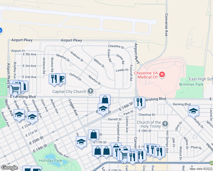 map of restaurants, bars, coffee shops, grocery stores, and more near 1940 Newton Drive in Cheyenne