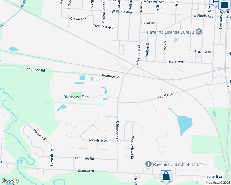 map of restaurants, bars, coffee shops, grocery stores, and more near 23 South Diamond Street in Ravenna