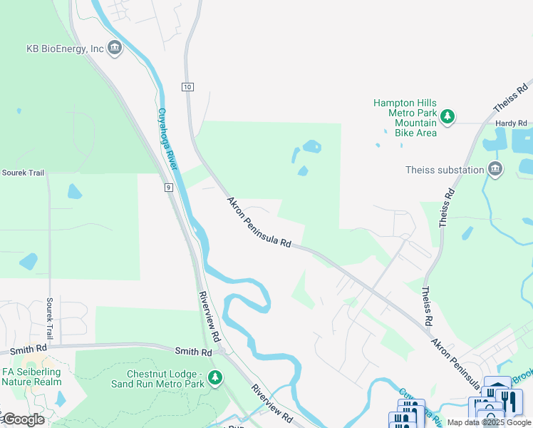 map of restaurants, bars, coffee shops, grocery stores, and more near 2075 Akron Peninsula Road in Akron