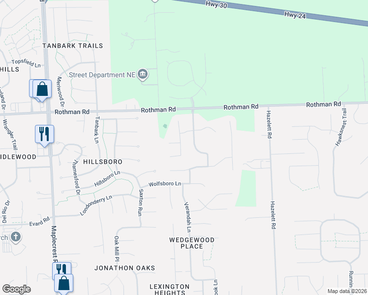 map of restaurants, bars, coffee shops, grocery stores, and more near 7036 Tullamore Court in Fort Wayne
