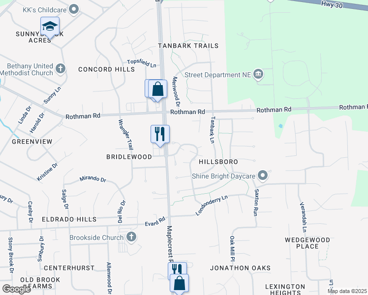 map of restaurants, bars, coffee shops, grocery stores, and more near 6340 Langwood Boulevard in Fort Wayne