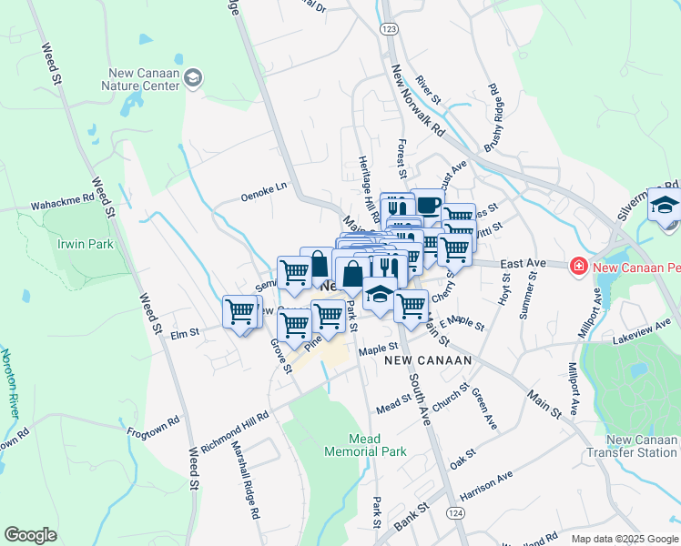 map of restaurants, bars, coffee shops, grocery stores, and more near 63 Park Street in New Canaan