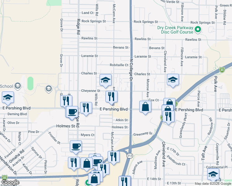 map of restaurants, bars, coffee shops, grocery stores, and more near 3321 McCann Avenue in Cheyenne
