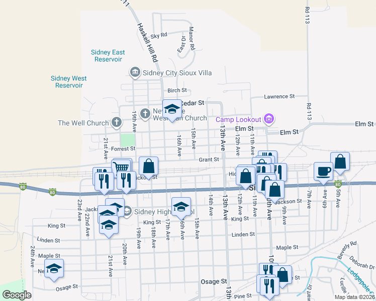 map of restaurants, bars, coffee shops, grocery stores, and more near 1500-1598 Grant Street in Sidney