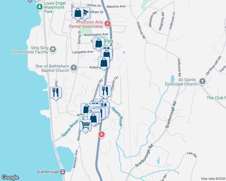 map of restaurants, bars, coffee shops, grocery stores, and more near 204 Charter Circle in Ossining