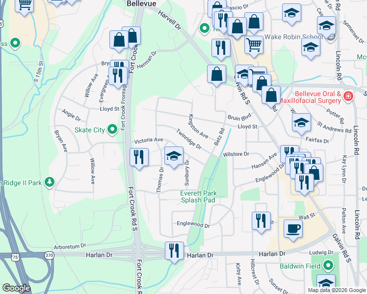 map of restaurants, bars, coffee shops, grocery stores, and more near 2103 Victoria Avenue in Bellevue