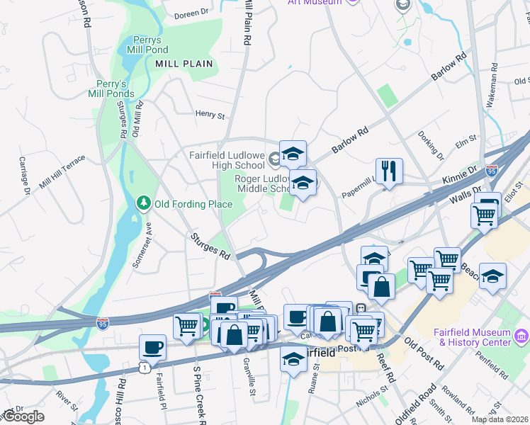 map of restaurants, bars, coffee shops, grocery stores, and more near 448 Mill Plain Road in Fairfield