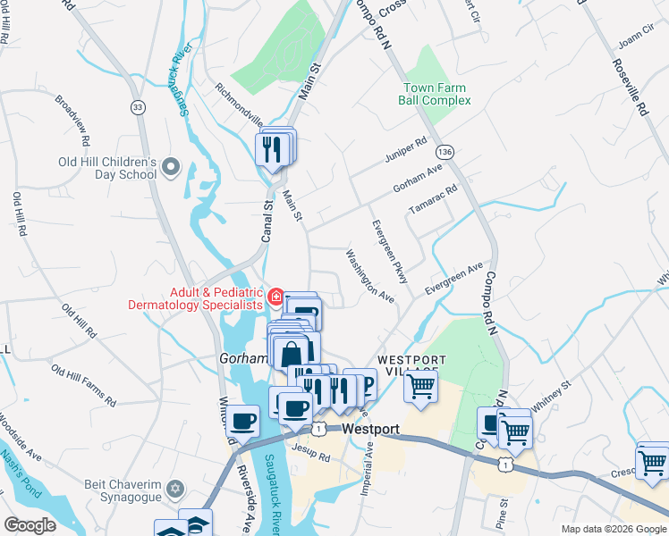 map of restaurants, bars, coffee shops, grocery stores, and more near 1 Saint Johns Place in Westport