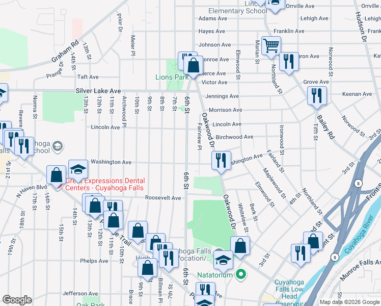 map of restaurants, bars, coffee shops, grocery stores, and more near 2727 6th Street in Cuyahoga Falls