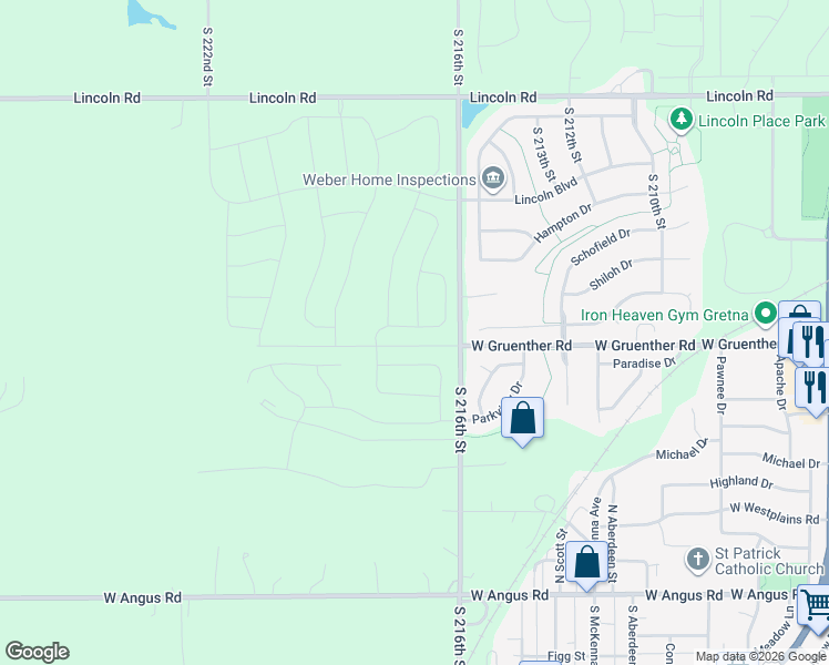 map of restaurants, bars, coffee shops, grocery stores, and more near 21703 McClellan Drive in Gretna