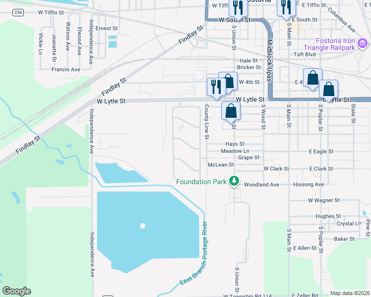 map of restaurants, bars, coffee shops, grocery stores, and more near 461 West Lytle Street in Fostoria