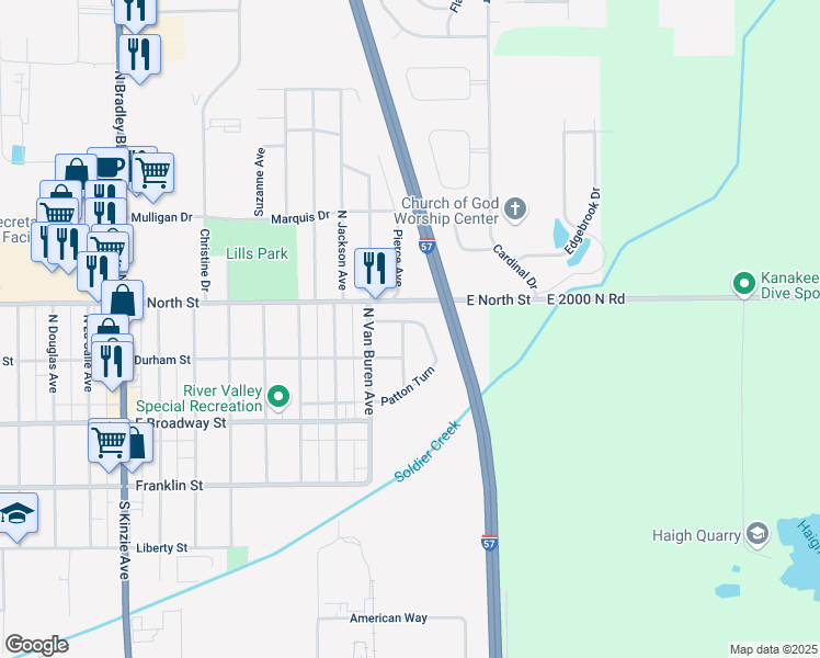 map of restaurants, bars, coffee shops, grocery stores, and more near 229 Patton Turn in Kankakee