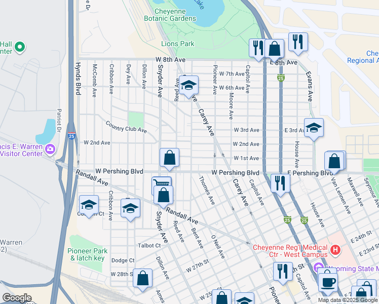 map of restaurants, bars, coffee shops, grocery stores, and more near 3510 Bent Avenue in Cheyenne