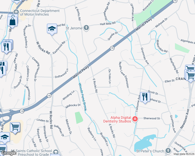 map of restaurants, bars, coffee shops, grocery stores, and more near 2 Ox Yoke Lane in Norwalk