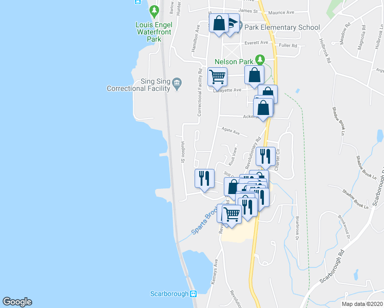 map of restaurants, bars, coffee shops, grocery stores, and more near 64 Hudson Point Lane in Ossining