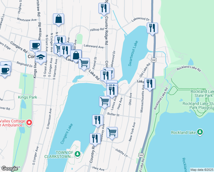 map of restaurants, bars, coffee shops, grocery stores, and more near 21 New York 303 in Congers