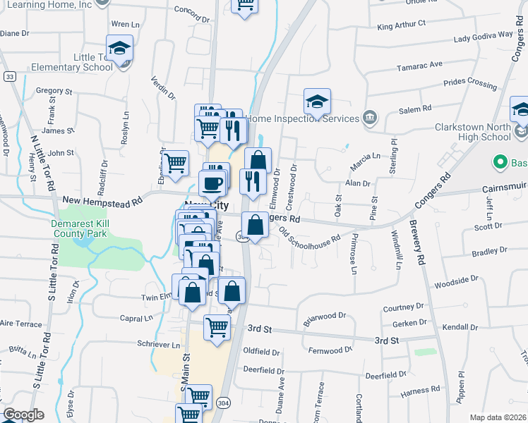 map of restaurants, bars, coffee shops, grocery stores, and more near 11 Elmwood Drive in New City