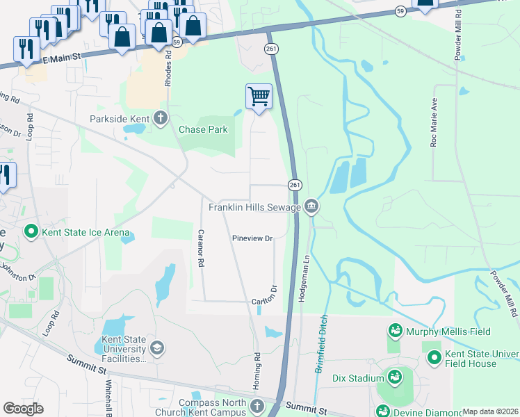 map of restaurants, bars, coffee shops, grocery stores, and more near 5792 Thorndale Drive in Kent