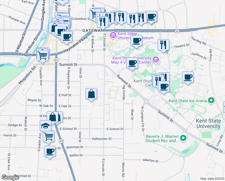 map of restaurants, bars, coffee shops, grocery stores, and more near 618 East Summit Street in Kent