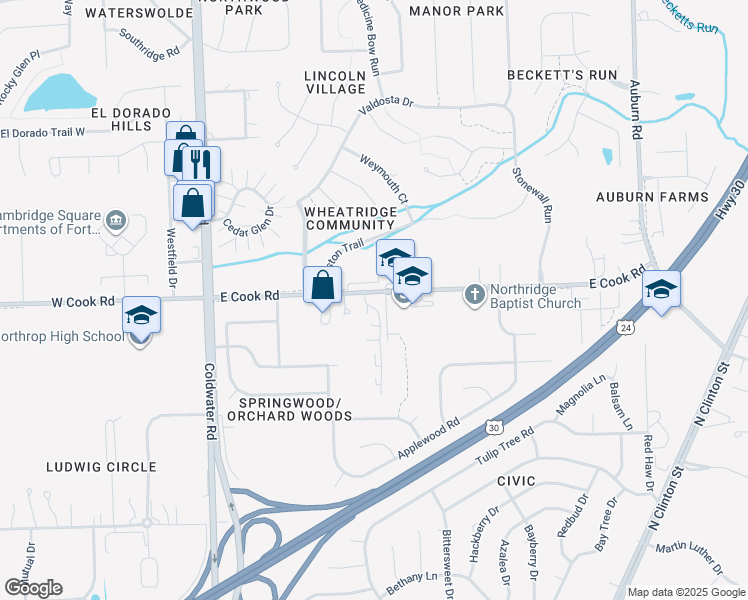 map of restaurants, bars, coffee shops, grocery stores, and more near 1125 East Cook Road in Fort Wayne