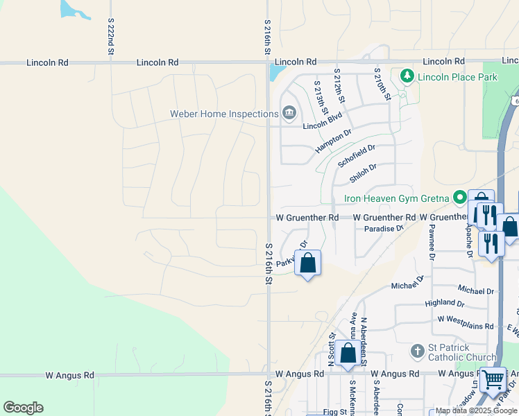 map of restaurants, bars, coffee shops, grocery stores, and more near 11108 South 216th Street in Gretna