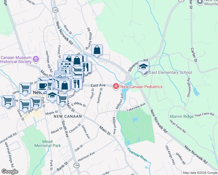 map of restaurants, bars, coffee shops, grocery stores, and more near 11 East Hills Drive in New Canaan
