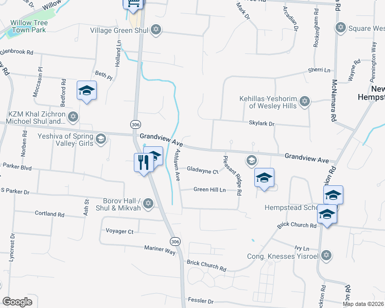 map of restaurants, bars, coffee shops, grocery stores, and more near 109 Grandview Avenue in Spring Valley