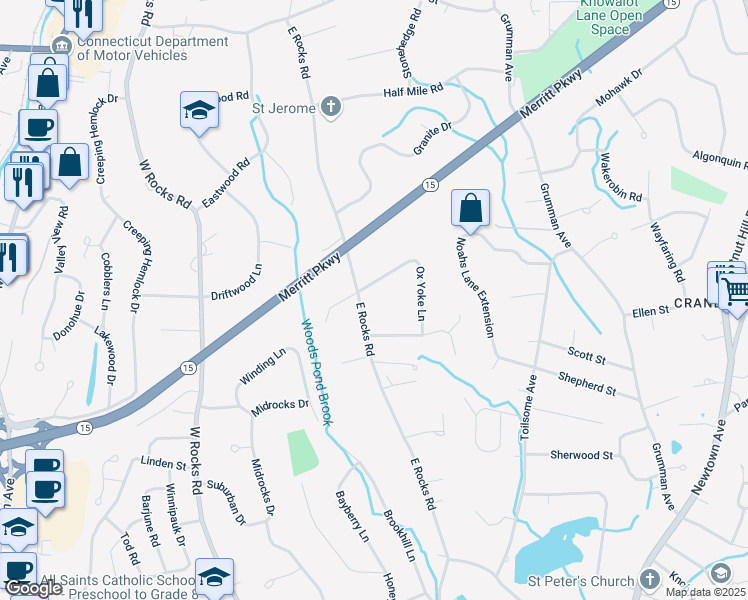 map of restaurants, bars, coffee shops, grocery stores, and more near 2 Ox Yoke Lane in Norwalk
