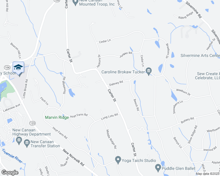 map of restaurants, bars, coffee shops, grocery stores, and more near 20 Dabney Road in New Canaan