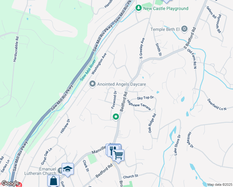 map of restaurants, bars, coffee shops, grocery stores, and more near 21 Foxwood Drive in Pleasantville