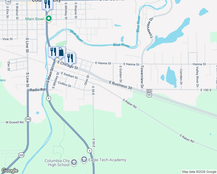 map of restaurants, bars, coffee shops, grocery stores, and more near 501-599 E Business 30 in Columbia City