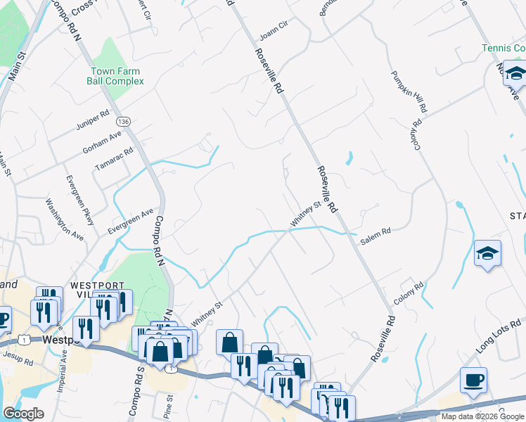 map of restaurants, bars, coffee shops, grocery stores, and more near 10 Fernwood Road in Westport