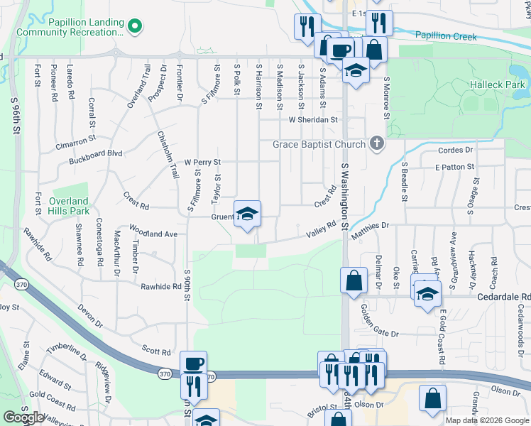 map of restaurants, bars, coffee shops, grocery stores, and more near 913 South Harrison Street in Papillion