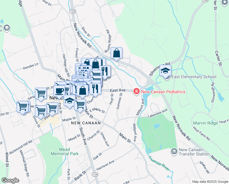 map of restaurants, bars, coffee shops, grocery stores, and more near 105 Connecticut 106 in New Canaan