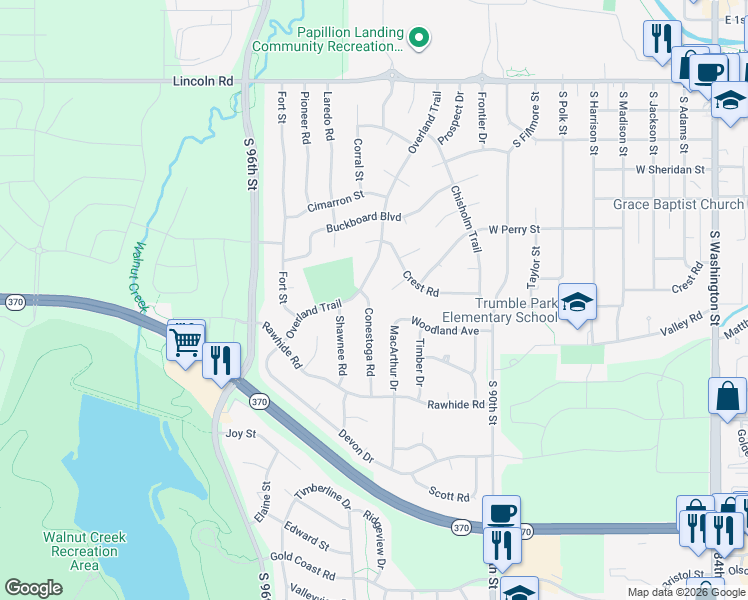 map of restaurants, bars, coffee shops, grocery stores, and more near 1104 Horseshoe Circle in Papillion