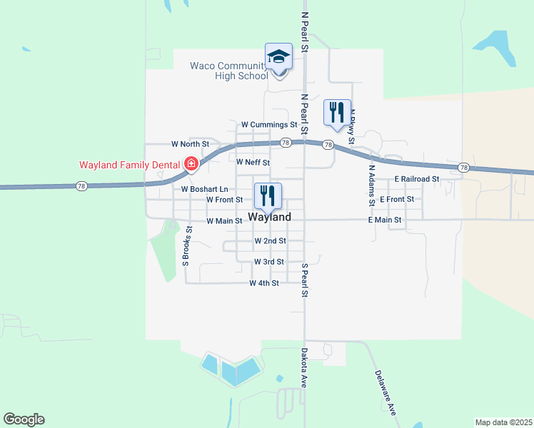 map of restaurants, bars, coffee shops, grocery stores, and more near 151 West Front Street in Wayland