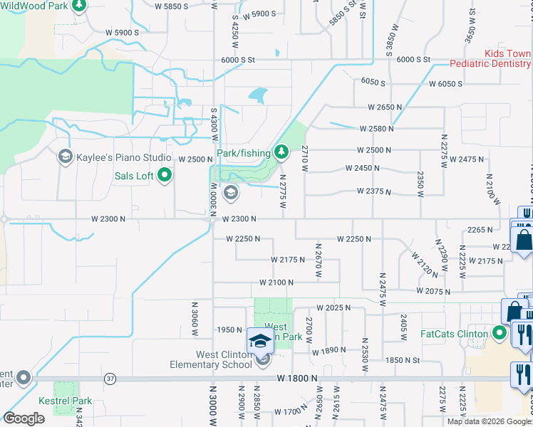 map of restaurants, bars, coffee shops, grocery stores, and more near 2361 North 2775 West in Clinton
